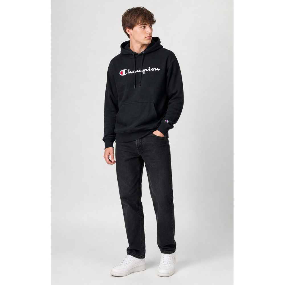 Champion Sweatshirt Mens Medium Black Logo Fleece Lined Pocket Drawstring Hoodie